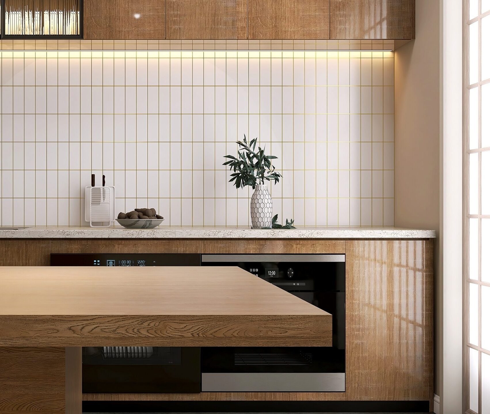 manudemesmaeker keuken witte tegels houten aanrechtblad